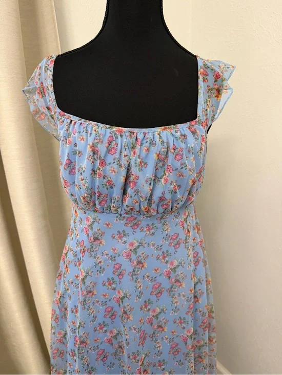 See You Monday Light Blue Floral Mini Dress with Pink Roses