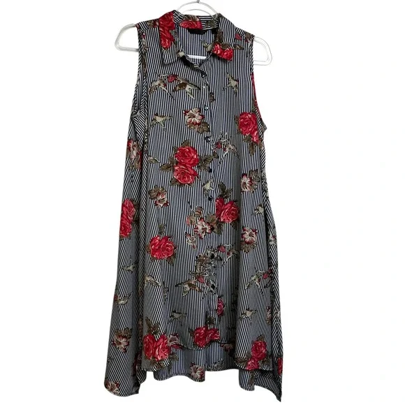 Navy‎ Striped Floral Bird Print Sleeveless Midi Dress  Red Roses Size L