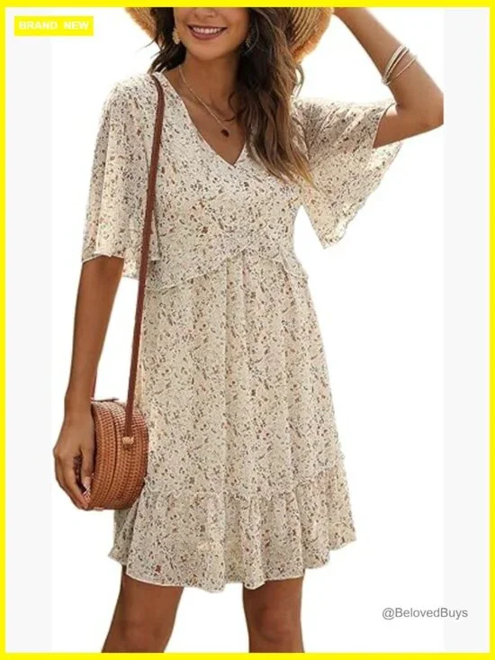Chiffon Floral Print V Neck Mini Boho Ruffle Swing Dress