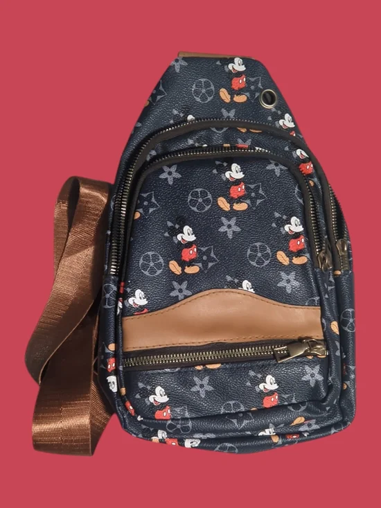 Men's Black Mickey Print Sling Bag with Brown Trim