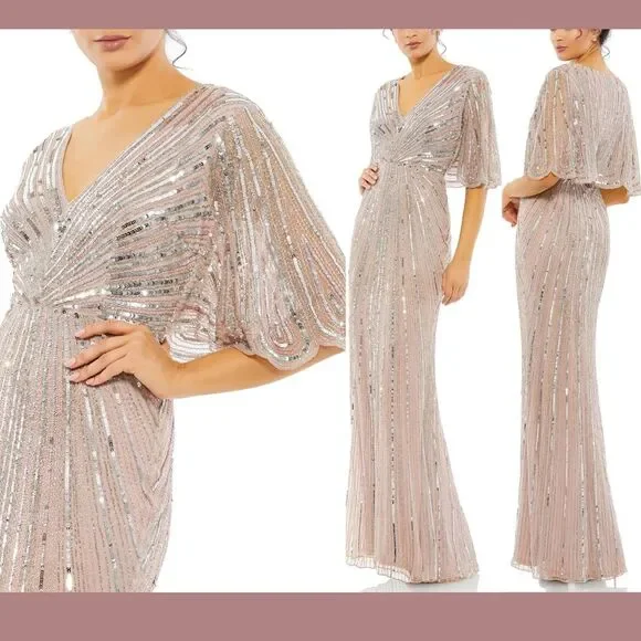 NWT $698 Mac Duggal [ 4 ] Sequined V-Neck Cape Sleeve‎ Column Gown Rose #G1859