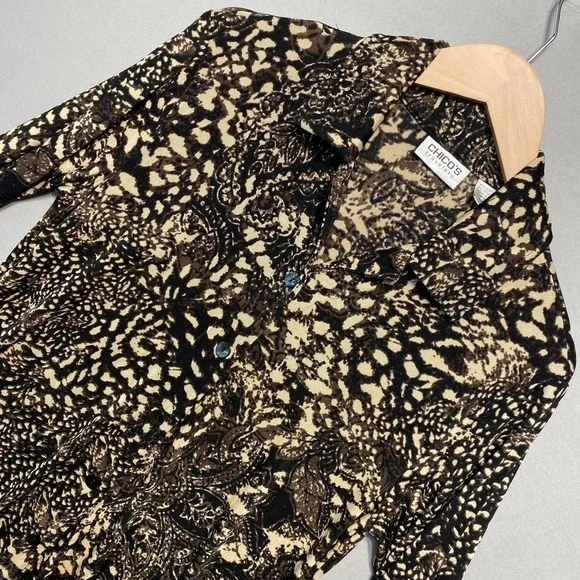 Chicos Travelers Shirt Dress Womens M Brown‎ Abstract Slinky Knit Stretch Travel