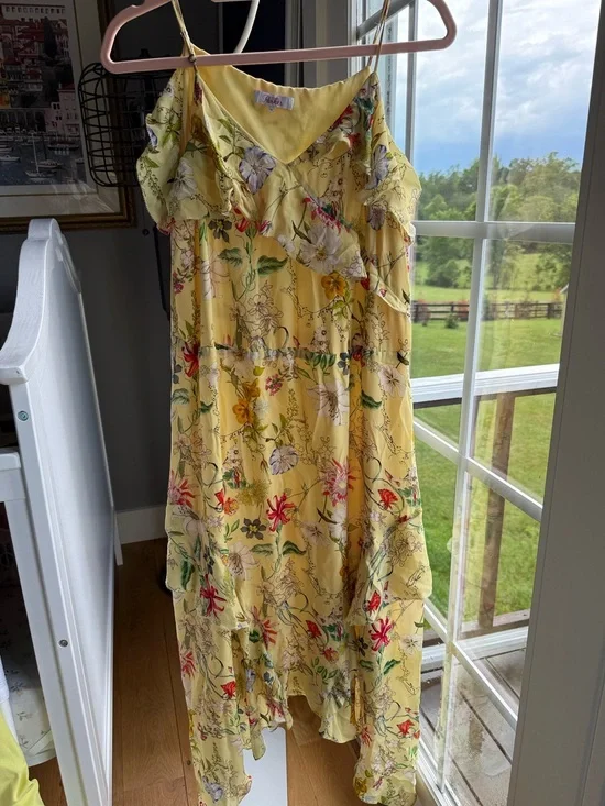 Parker Yellow Floral Ruffle Slip Dress - M