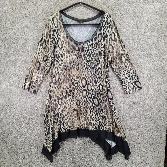 Cupio Tunic Dress Women's XL White Black Leopard Print Sheer Asymmetrical Hem