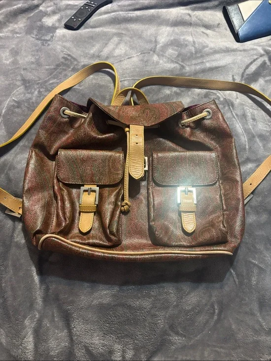 Etro Brown Paisley Drawstring Backpack with Tan Trim