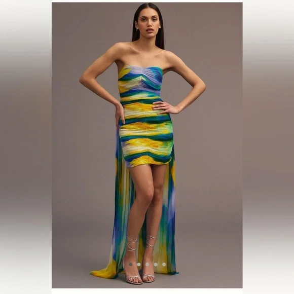 Anthropologie Vineet Bahl Strapless Watercolor-Print High-Low Dress Medium