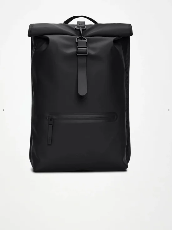 Rains Black Roll-Top Backpack with Front Zip