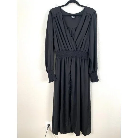 City Chic Dress Plus 16 Black Satin Midi Button‎ Long Sleeve V Neck