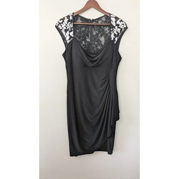 Vtg 90s Y2K Xscape Black Cocktail Dress 12 Hoco Babydoll Stretch Silver Sequin