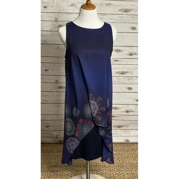 Desigual purple sleeveless chiffon floral lagenlook midi shift dress Size Medium