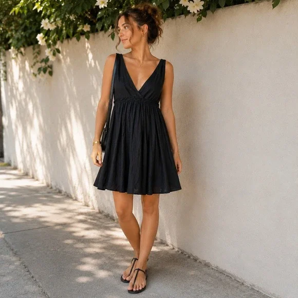 Gap Dress Babydoll Pleated Black‎ Silk Blend  Lined V-Neck Classic Luxe Size 0