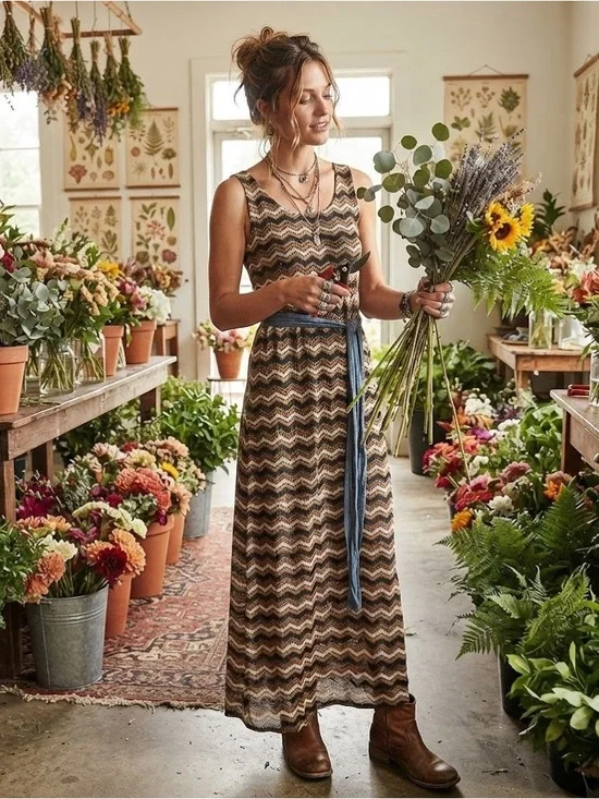 Tacera Striped Sleeveless Knit Maxi Dress Sheer Hem Belted Size M