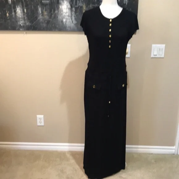 Chelsea & Theodore Black Drawstring Waist Front Pockets Pullover Maxi Dress-10