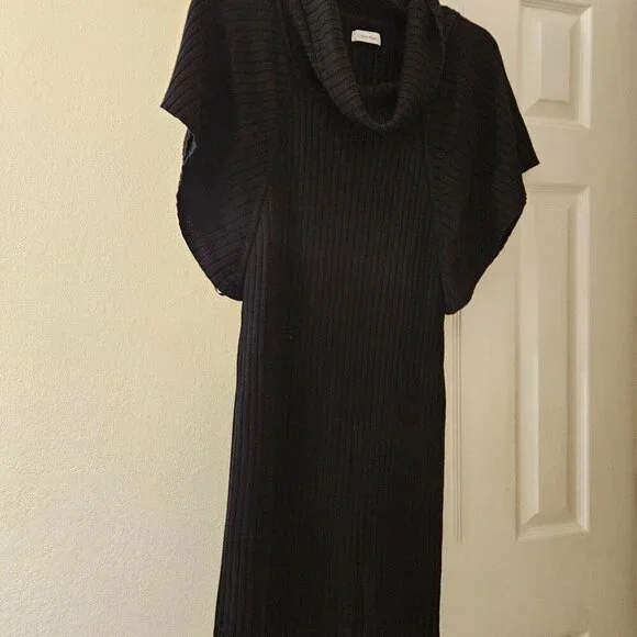 Calvin Klein cozy warm black ribbed stretchy sweater cowl neck dress L