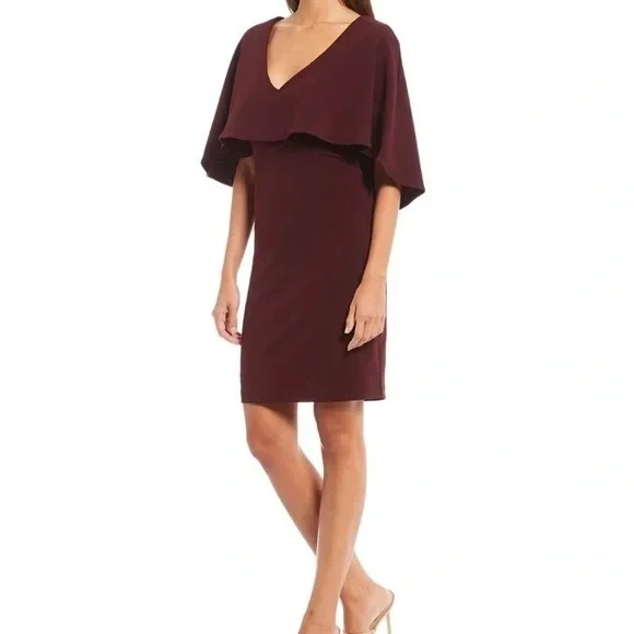 Badgley Mischka Capelet Popover Sheath Dress Burgundy Size‎ US 6 NWT