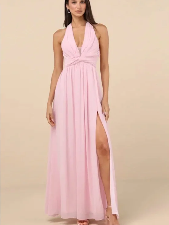 Lulus S Elegant Pink Halter Maxi Dress with Side Slit