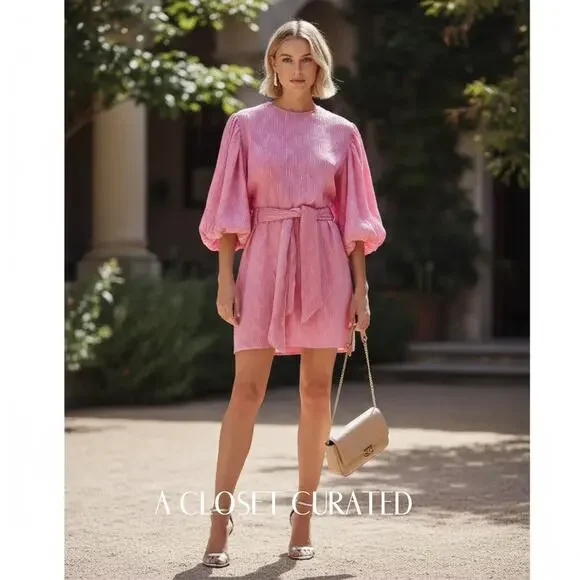 Ganni Pleated Satin Mini Dress Pink 8