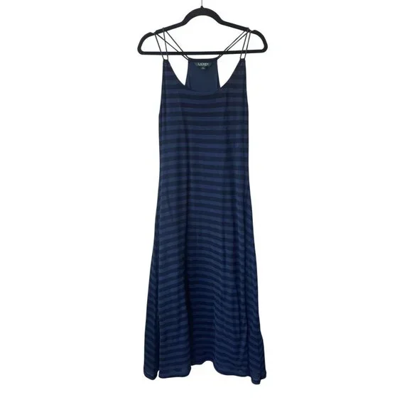 Lauren Ralph‎ Lauren Striped Dress Size M Navy Nautical Beachy Halter Flowy Mini