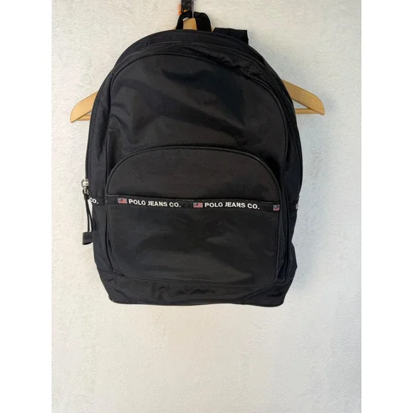 Polo Jeans Co Ralph Lauren Backpack Black Nylon Logo Tape Vintage 90s Bag