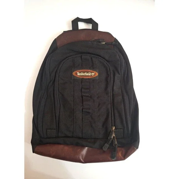 Vintage 90's Timberland Canvas Leather Bottom Backpack Bag Black Brown Gorpcore