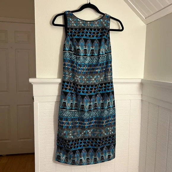 WHBM White House Black Market Black & Blue Metallic Sheath Dress NWT, size 0
