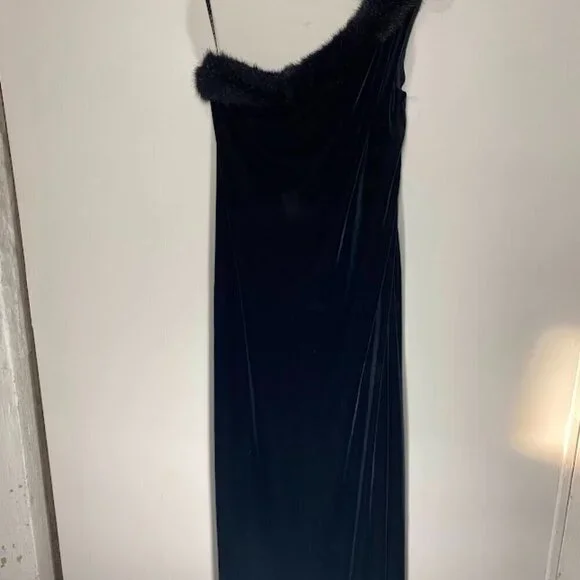 Arianna by Rachel Kaye Black Velvet Fur One Shoulder Dress