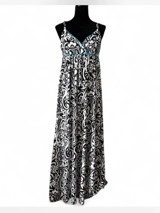 INC International Concepts Black & White Printed Maxi Dress with Teal Trim