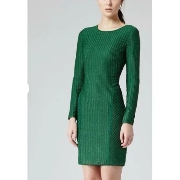 Reiss Chloey Emerald Green Textured Mesh Chevron Bodycon Mini Dress Size 2