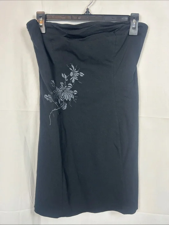 Express Black Strapless Dress with Gray Floral Embroidery- Side Zippers