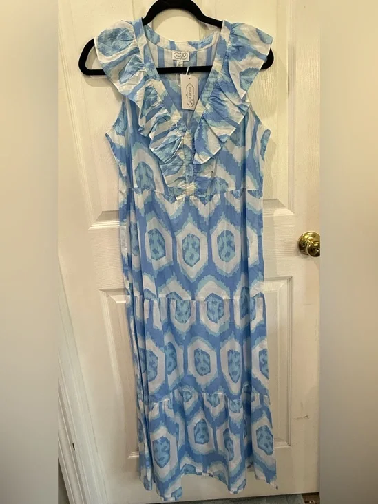 NWT Mud Pie Tanya Maxi Dress Small Blue White Floral Ikat Ruffle Tiered
