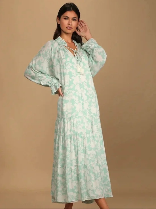 Lulus Soft Heart Mint Floral Print Long Sleeve Tiered Maxi Dress