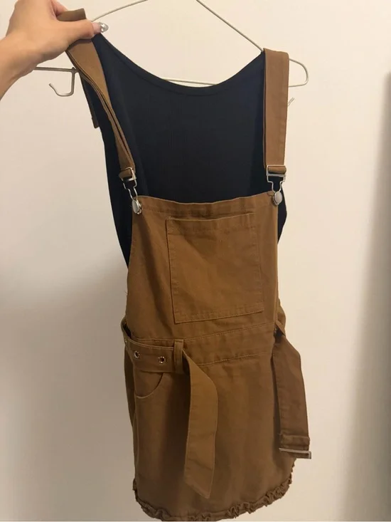 Brown Canvas Overall Dress with Front Pocket