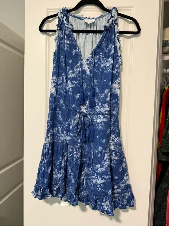 sundays Blue Tie-Dye V-Neck Tassel Mini Dress