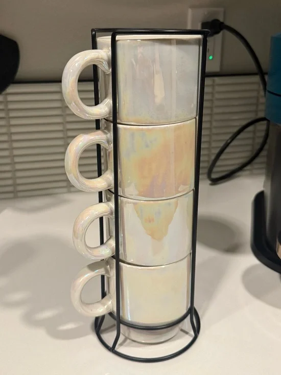 Set of 4 Pearlescent Iridescent Ceramic Coffee Mugs with Metal Stand