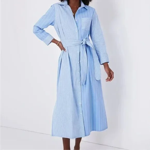 Pomander Place Chessie Stripe Maxi Shirt Dress Women's XS Blue White Belted NWT