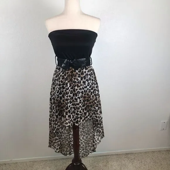 ‎Vintage Y2K strapless bow embellished belted Hi/low leopard print mini dress