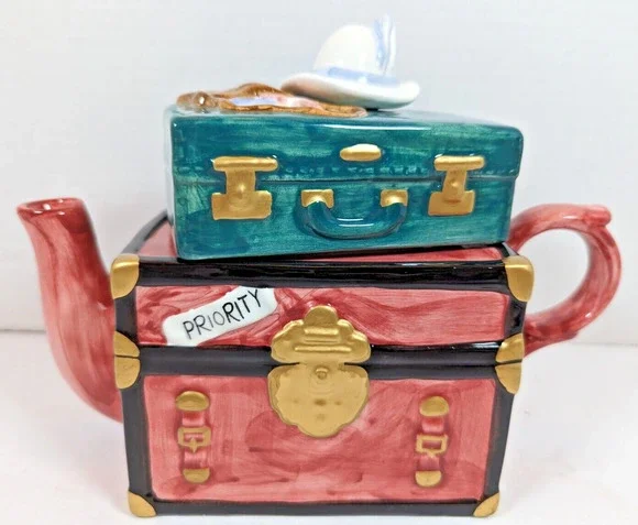 Vintage Hand Painted Collectible Ceramic Suitcase China Teapot In Original Box