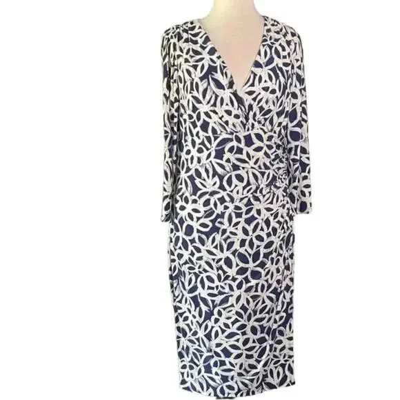 Elegant Blue and White Faux Wrap Patterned Dress