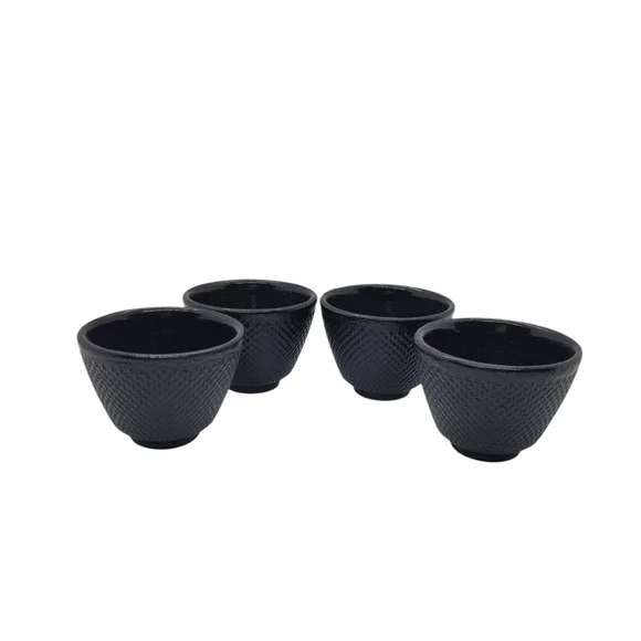 Set of 4 Cast Iron Tea Cups Black Hobnail Japanese Style Enamel Lined Arare 2in