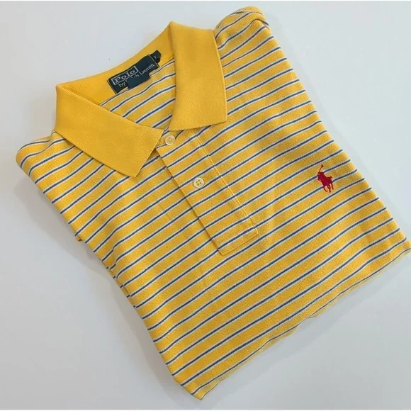 VTG Ralph Lauren Polo Shirt Mens Large Yellow Blue Striped Red Pony Preppy L