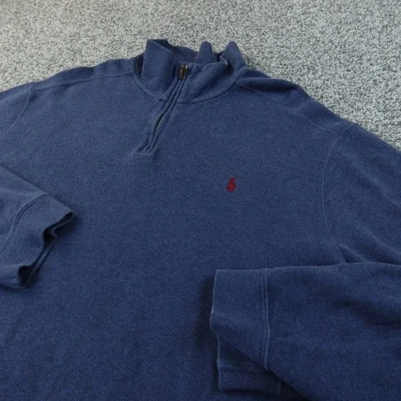 VTG Polo Ralph‎ Lauren Sweater Mens 2XL Blue 1/4 Zip Pullover Knit Pony Preppy