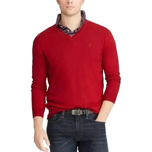 Polo Ralph Lauren Washable Merino Wool Sweater Size XL Red V-Neck‎ Comfy Soft