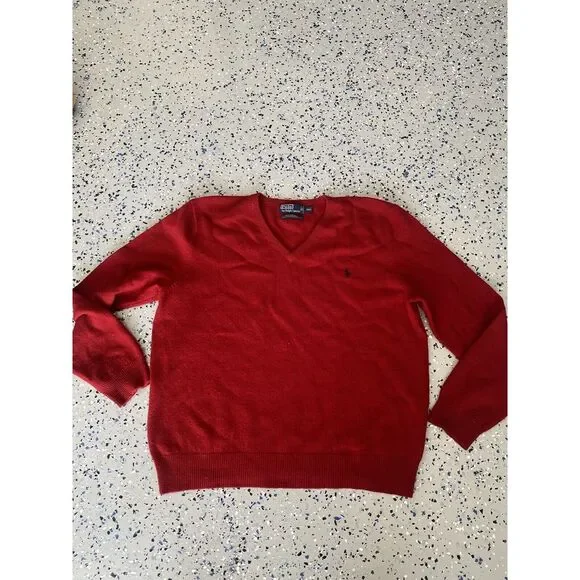 Polo Ralph Lauren Sweater Men's Size 2XLRed Lambswool V-Neck Pullover Logo HOLE‎