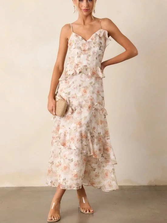 Floral Ruffle Maxi Dress - nude multi