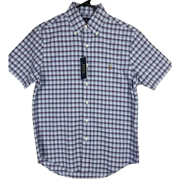 Polo Ralph Lauren Mens Plaid Short Sleeve Button-Up Shirt XS Blue Classic Fit