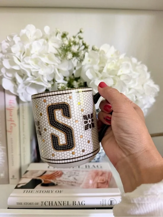 Anthropologie Navy and White Ceramic Mug with Classic Motif