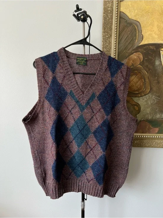 Fitzpatrick Ireland 100% Pure Shetland Wool V-Neck Sweater Vest Argyle Men 40