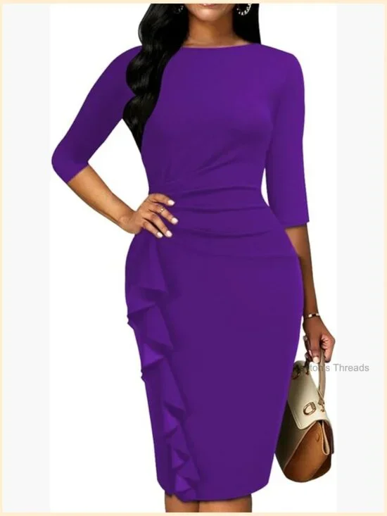 3/4 Sleeve Ruffle Bodycon Pencil Midi Dress for Work Church