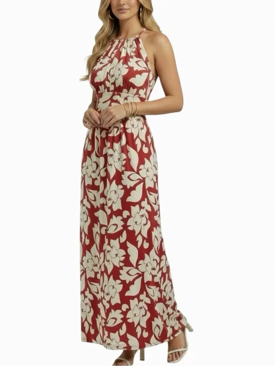 NWT LONDON TIMES Red & Ivory Floral Halter Keyhole Front/Back Maxi Dress Size 6