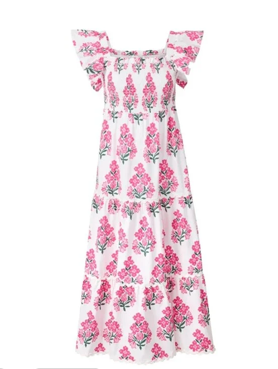 Sail to Sable Debra Smocked Midi Dress Cotton hibiscus block print